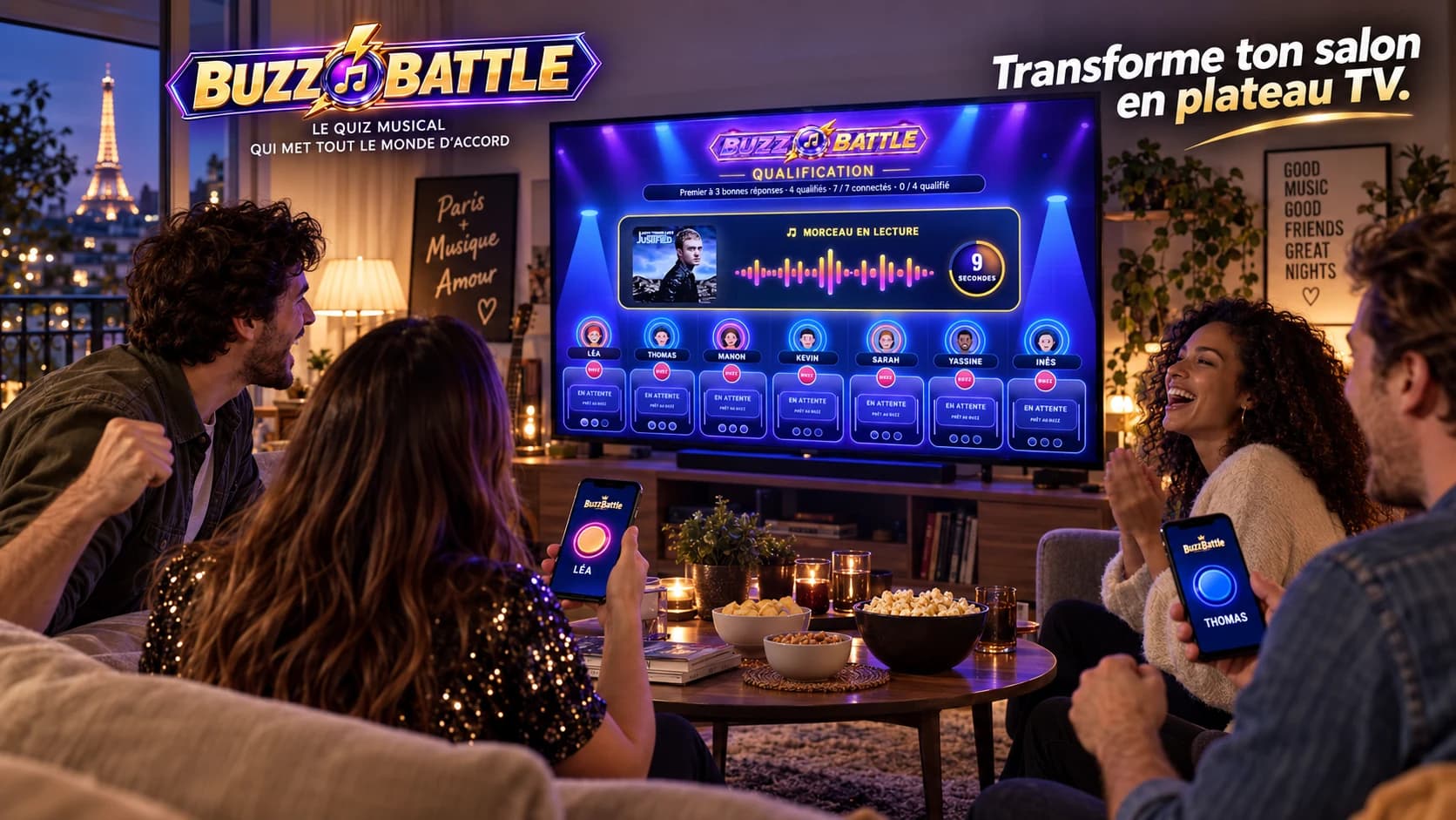 Des amis jouent à BuzzBattle dans un salon, avec le jeu affiché sur la TV