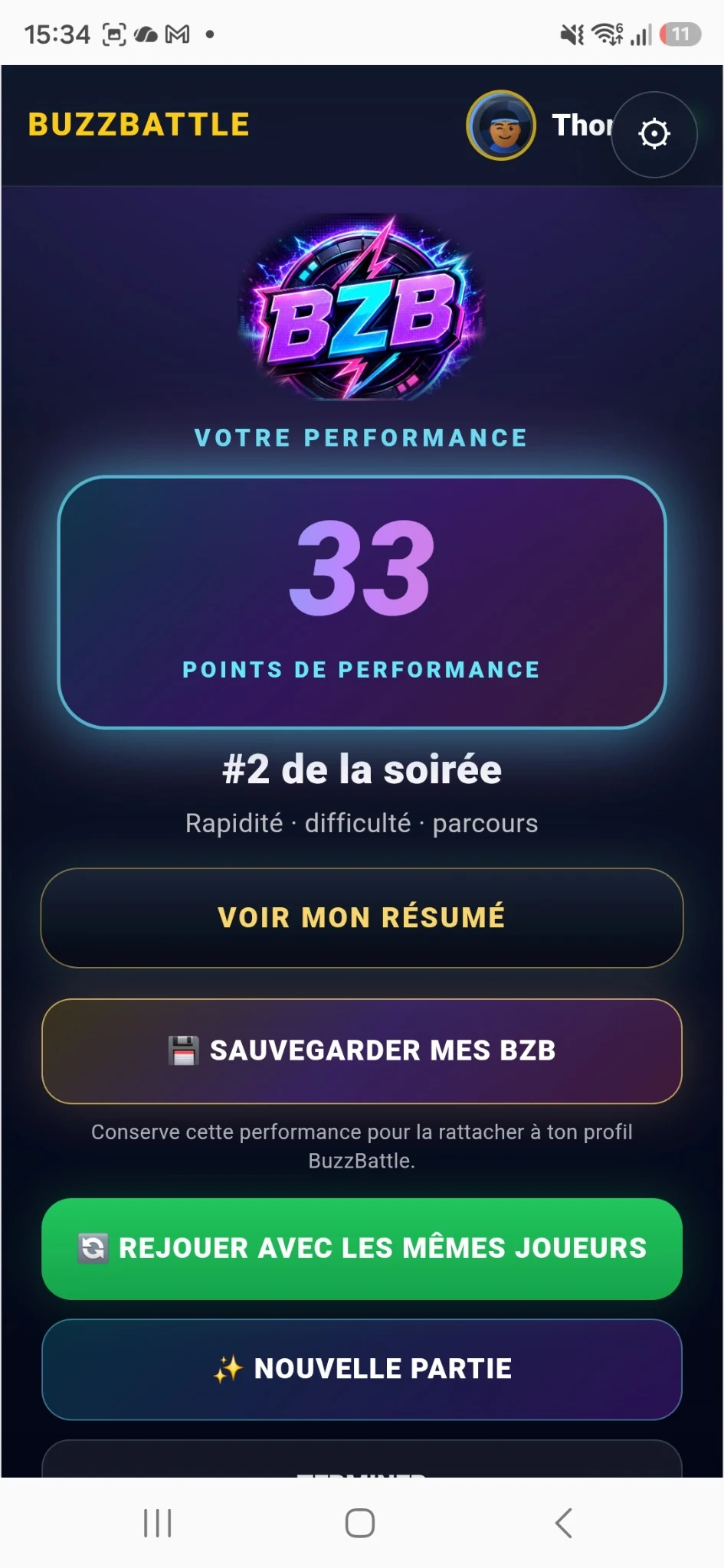 Résumé BZB affiché sur le téléphone après la partie
