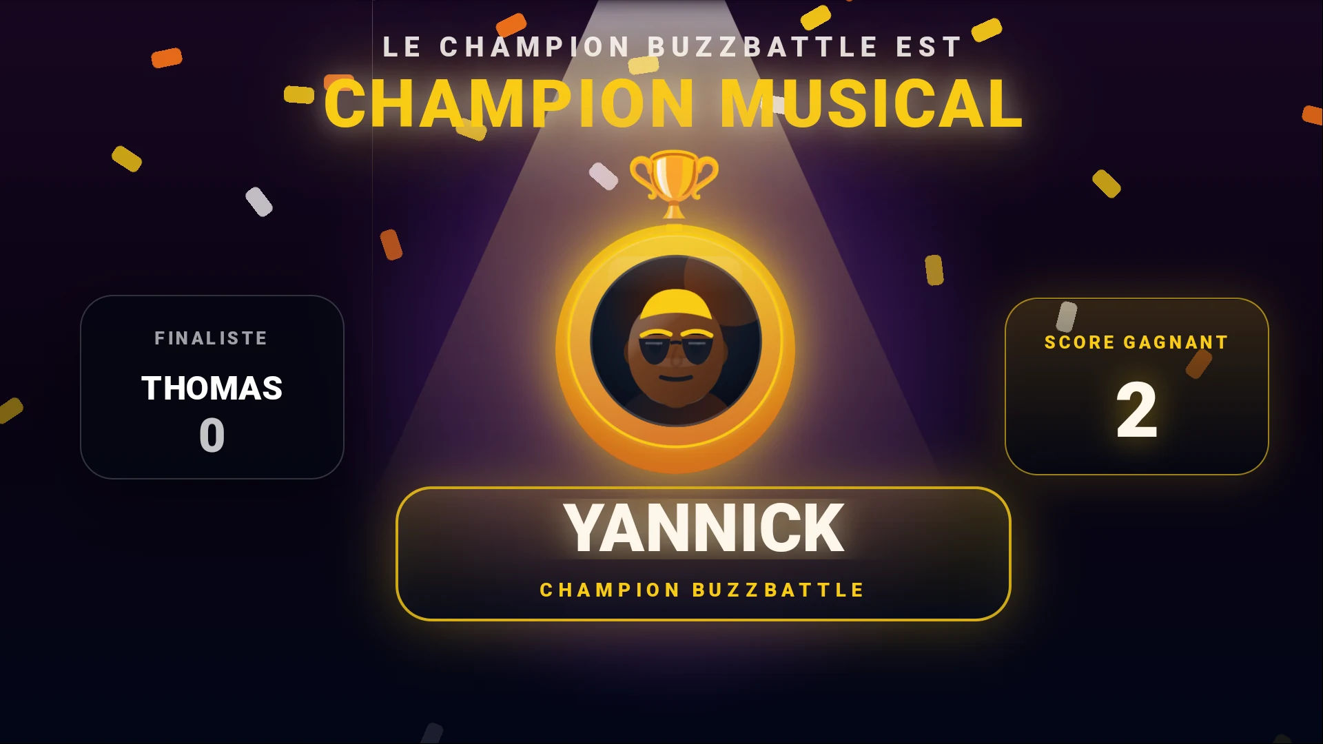 Écran réel BuzzBattle annonçant le champion musical